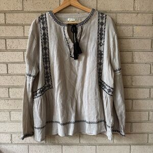 Garnet Hill Striped Boho Blouse w/ Embroidery, Tassel Tie, Organic Cotton, Sz 12
